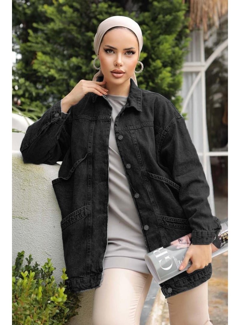 Pelsu Moda Siyah Çift Cepli Oversize Kot Ceket
