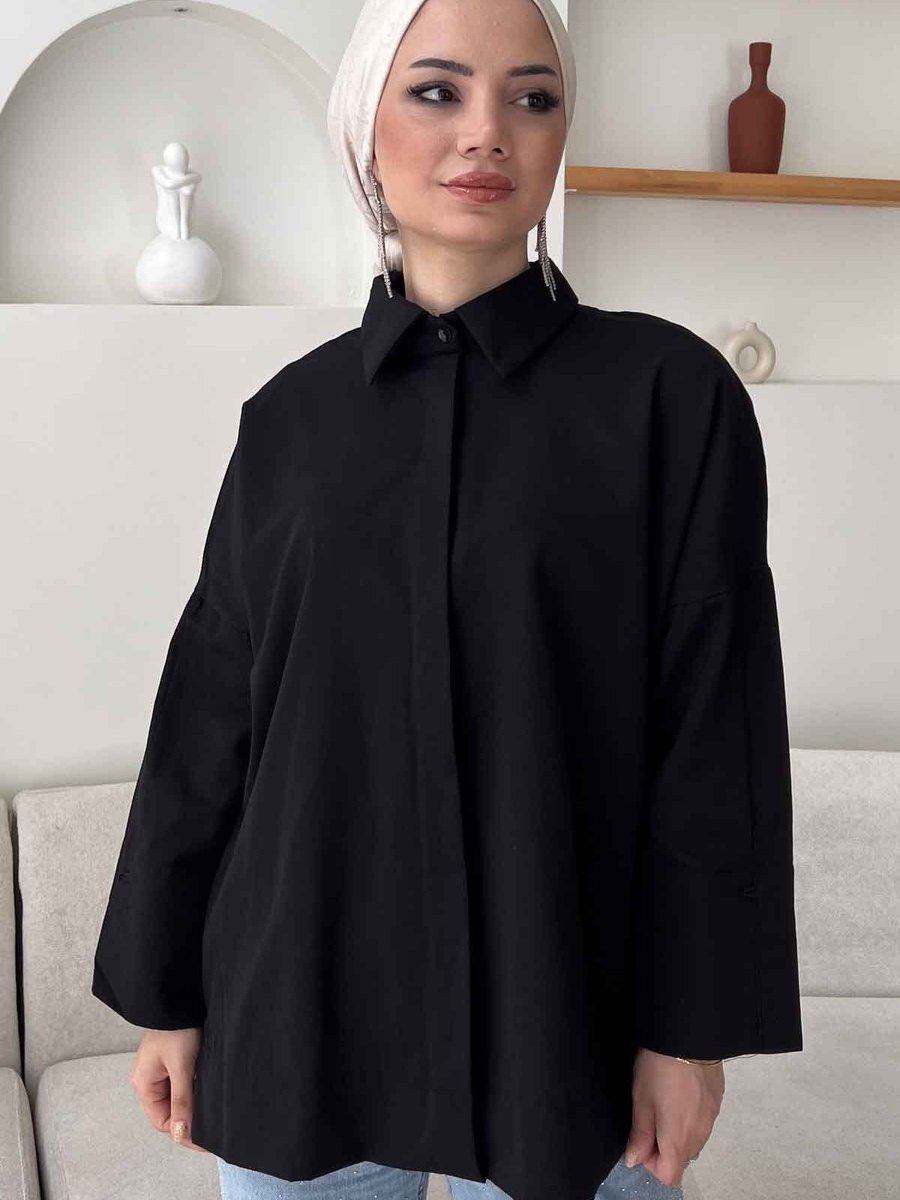İmajbutik Siyah Yan Yırtmaçlı Gömlek
