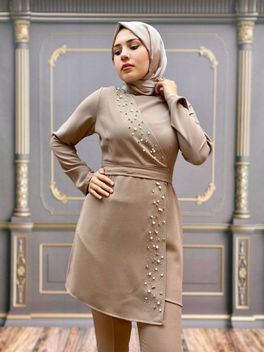 Butik Gri Taş İnci Şeritli Takım