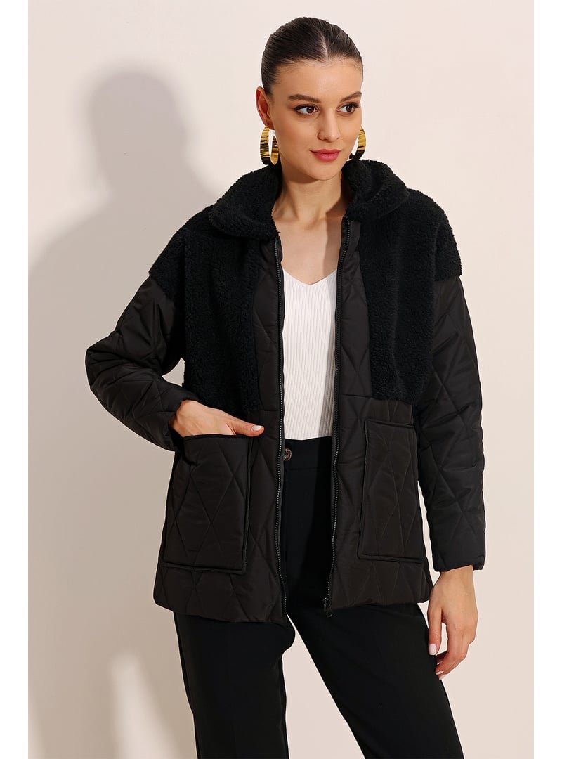Bigdart Siyah Peluş Detaylı Oversize Şişme Mont