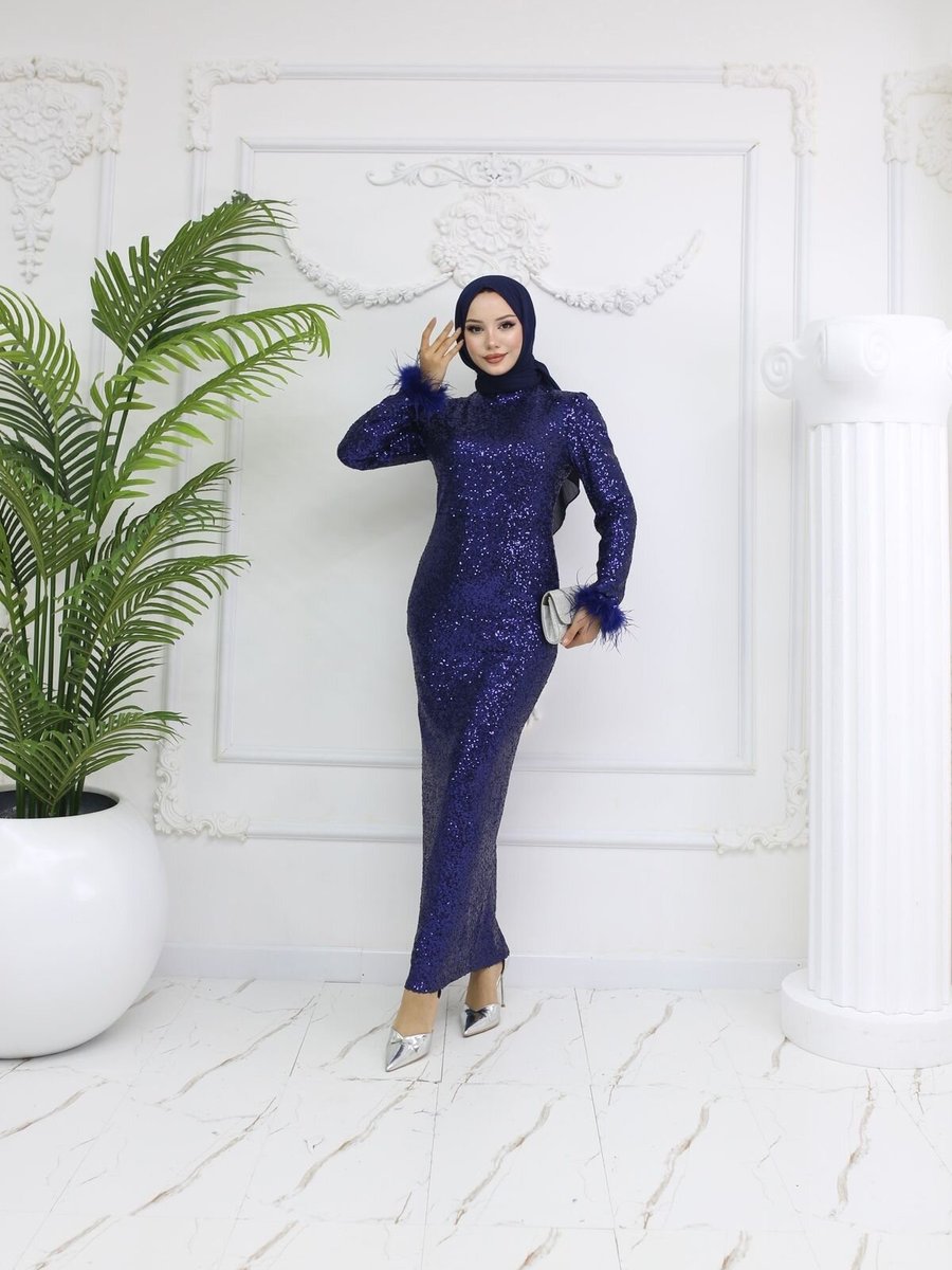 Marwella Lacivert Pul Payet Abiye Elbise