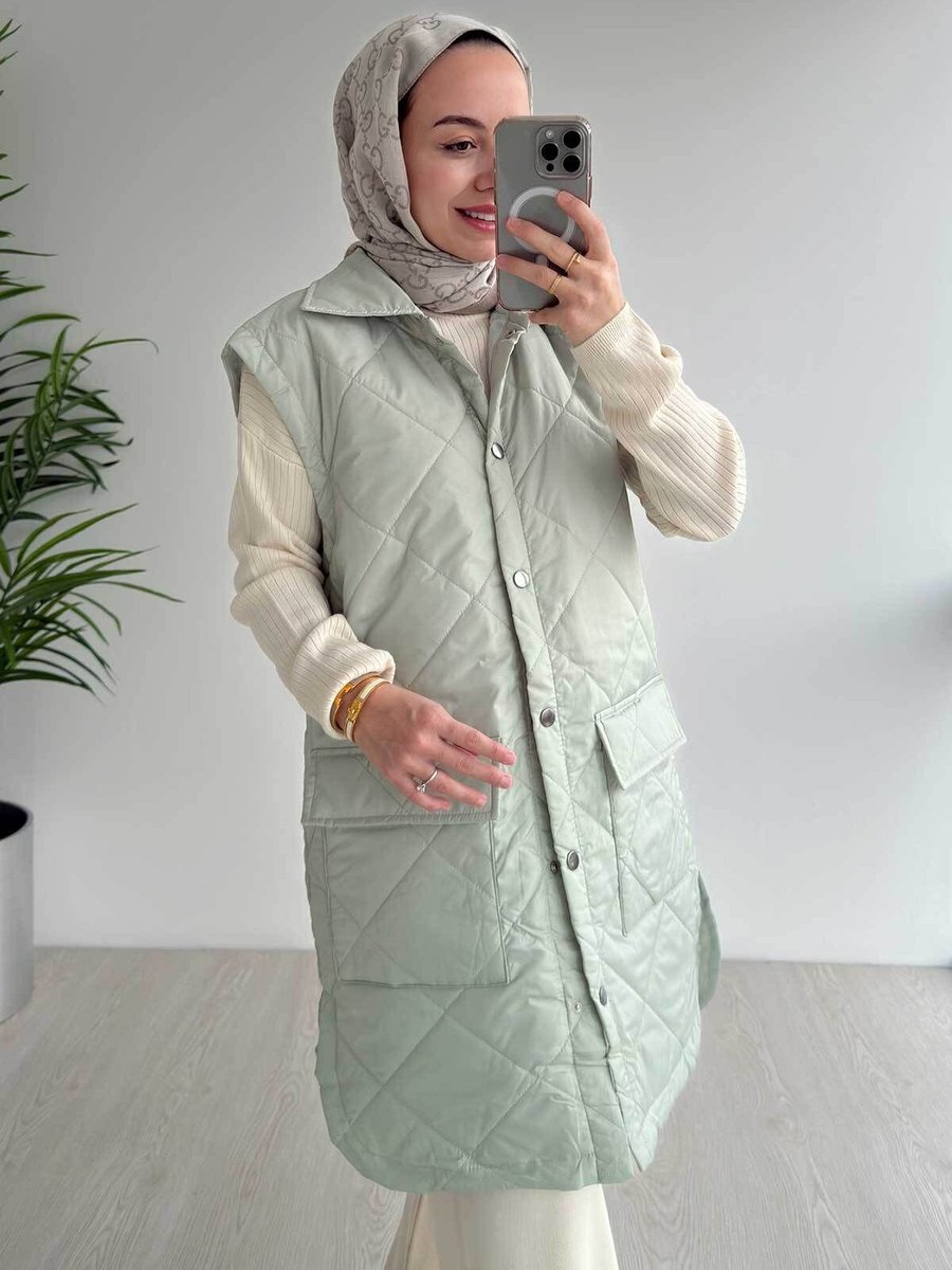 Ka Hijab Cep Detay Kapitone Yelek Su Yeşili
