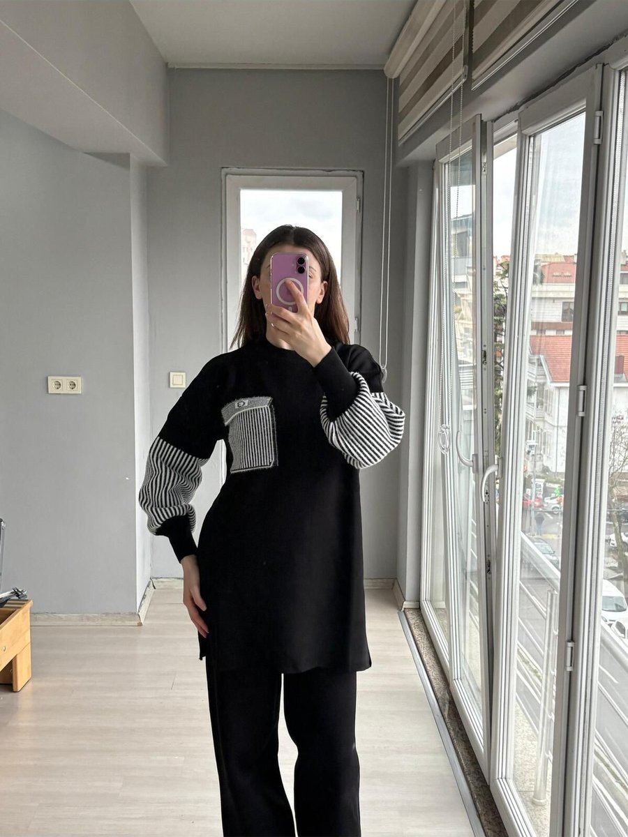Soft Kadın Cep Detaylı Triko Kazak Pantolon Alt Üst Takım Kolları Çizgili Model