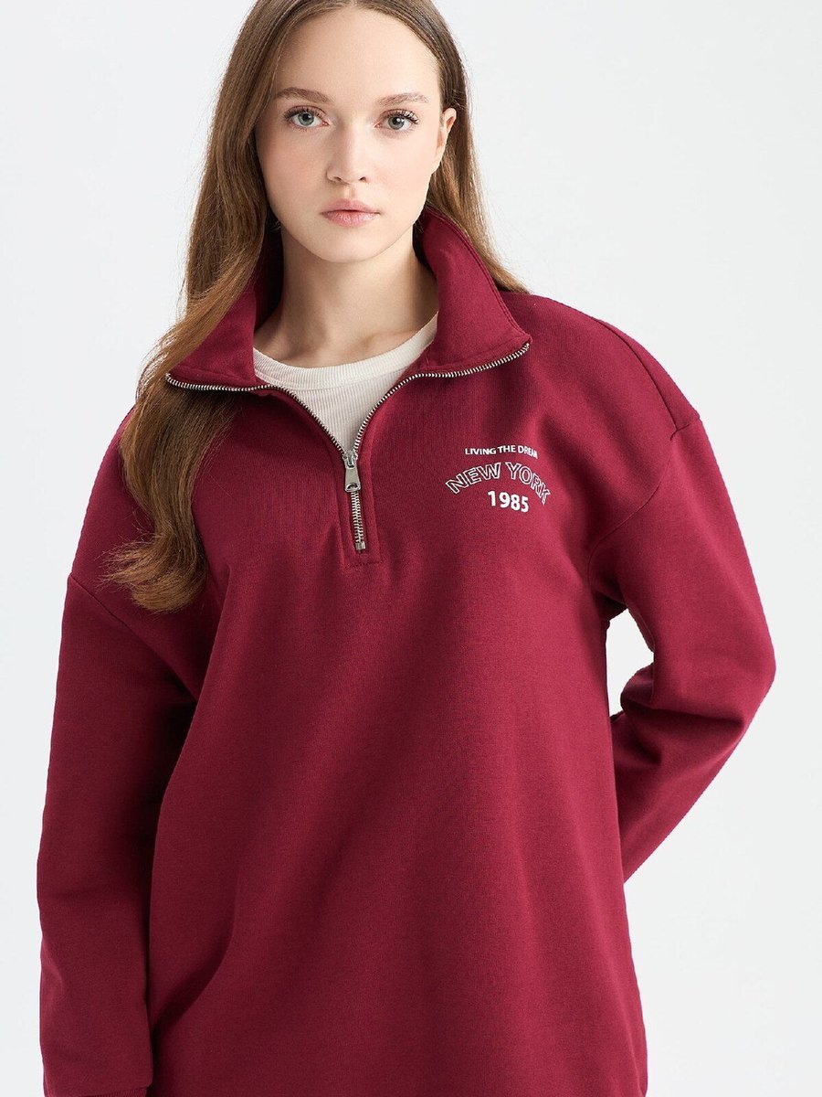 Defacto Regular Fit Fermuarlı Dik Yaka Baskılı Içi Yumuşak Tüylü Kalın Sweatshirt Tunik E8846ax24cw