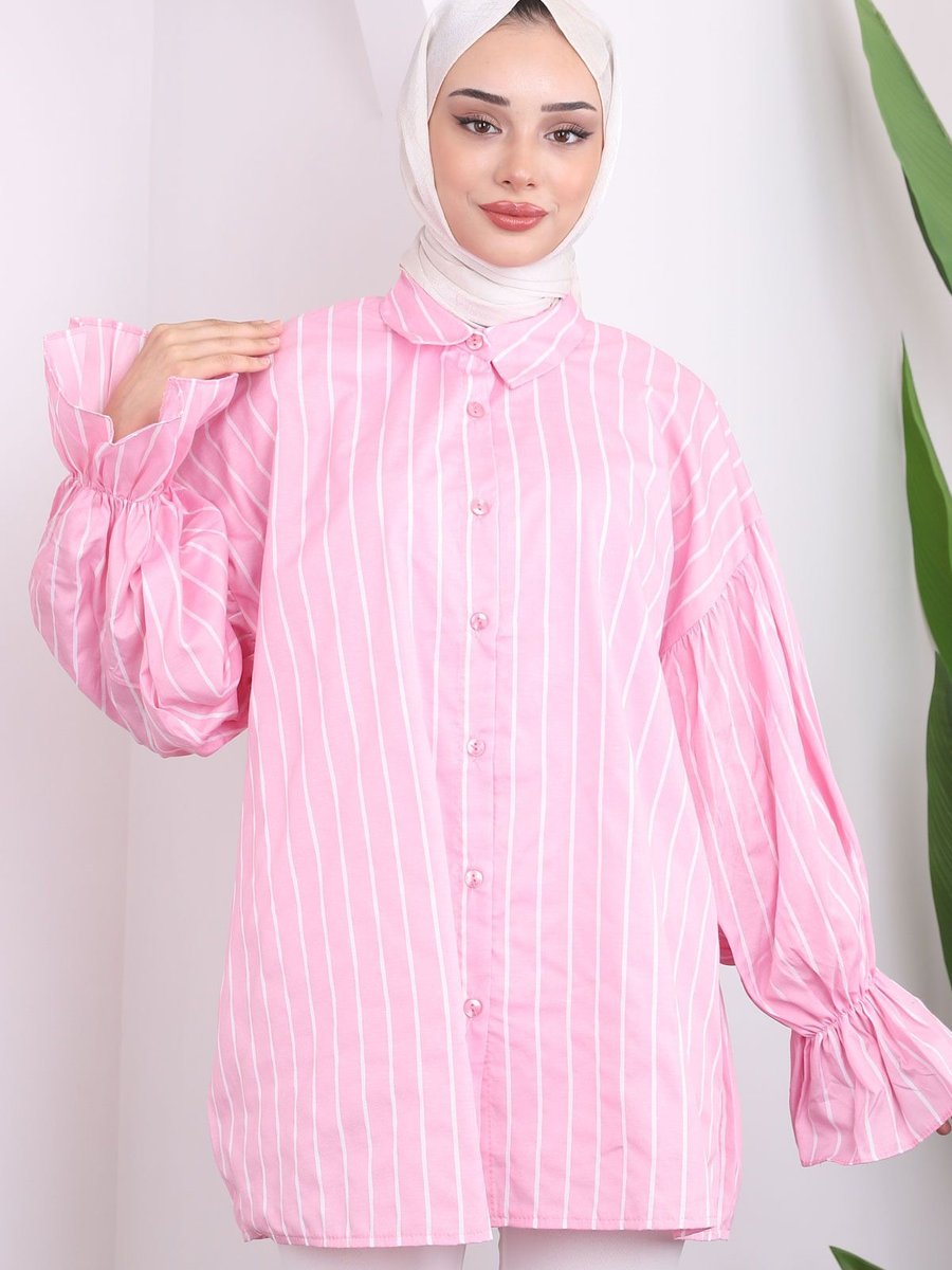 İmajbutik Pembe Kol Lastikli Çizgili Gömlek