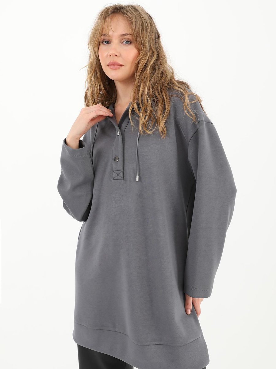 Puane Yarım Çıtçıt Düğmeli Modal Kumaş Kapüşonlu Sweatshirt