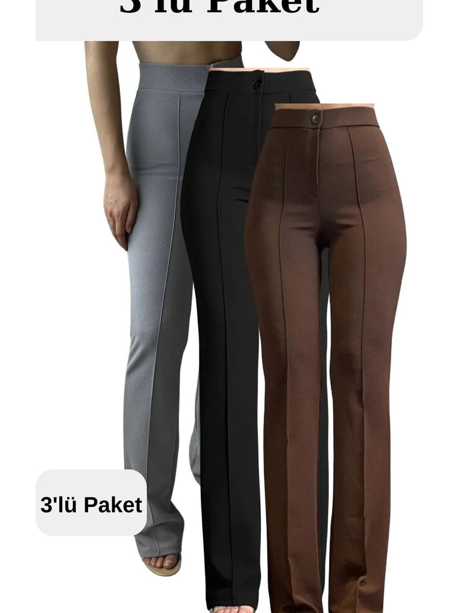 VOLT CLOTHİNG Gri Siyah Kahverengi Likralı Yüksek Bel Palazzo 3'lü Set Pantolon