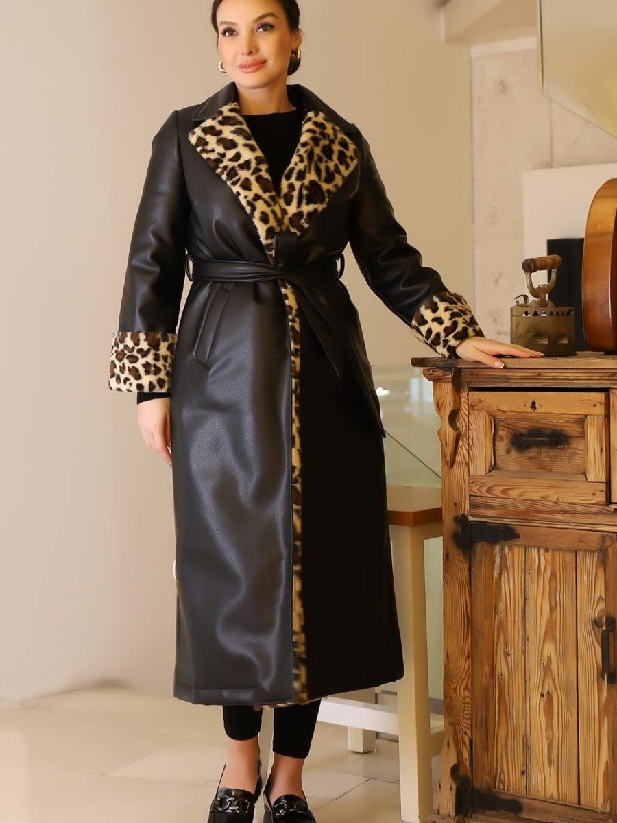 Matex Siyah Leopar Desenli Kemerli Kaban