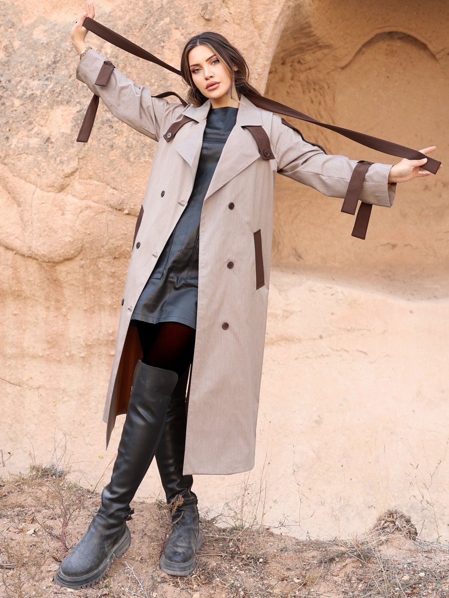 Sahra Afra Kahve Nidal Kadın Oversize Trençkot Vizon