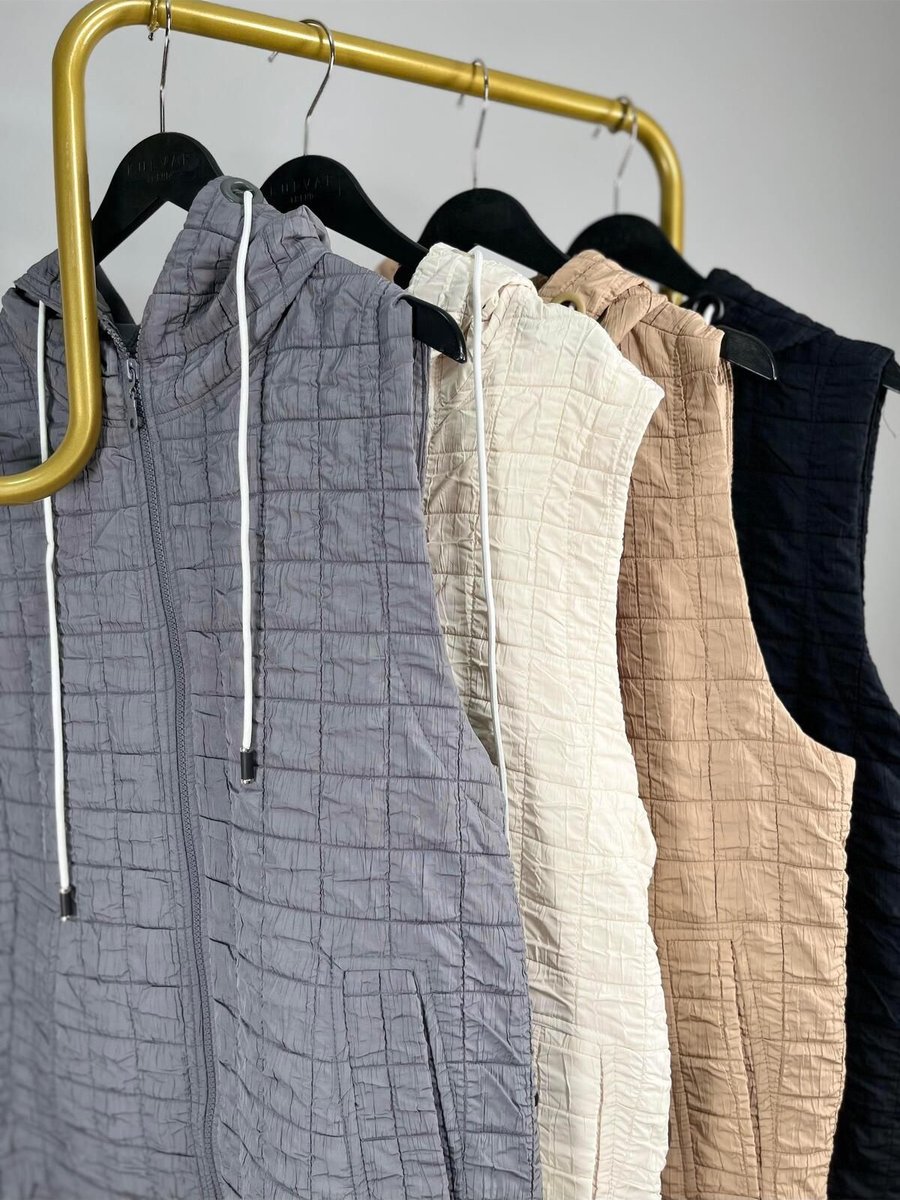 Moda Kapüşonlu Boy Fermuarlı Ekose Dikişli Yelek