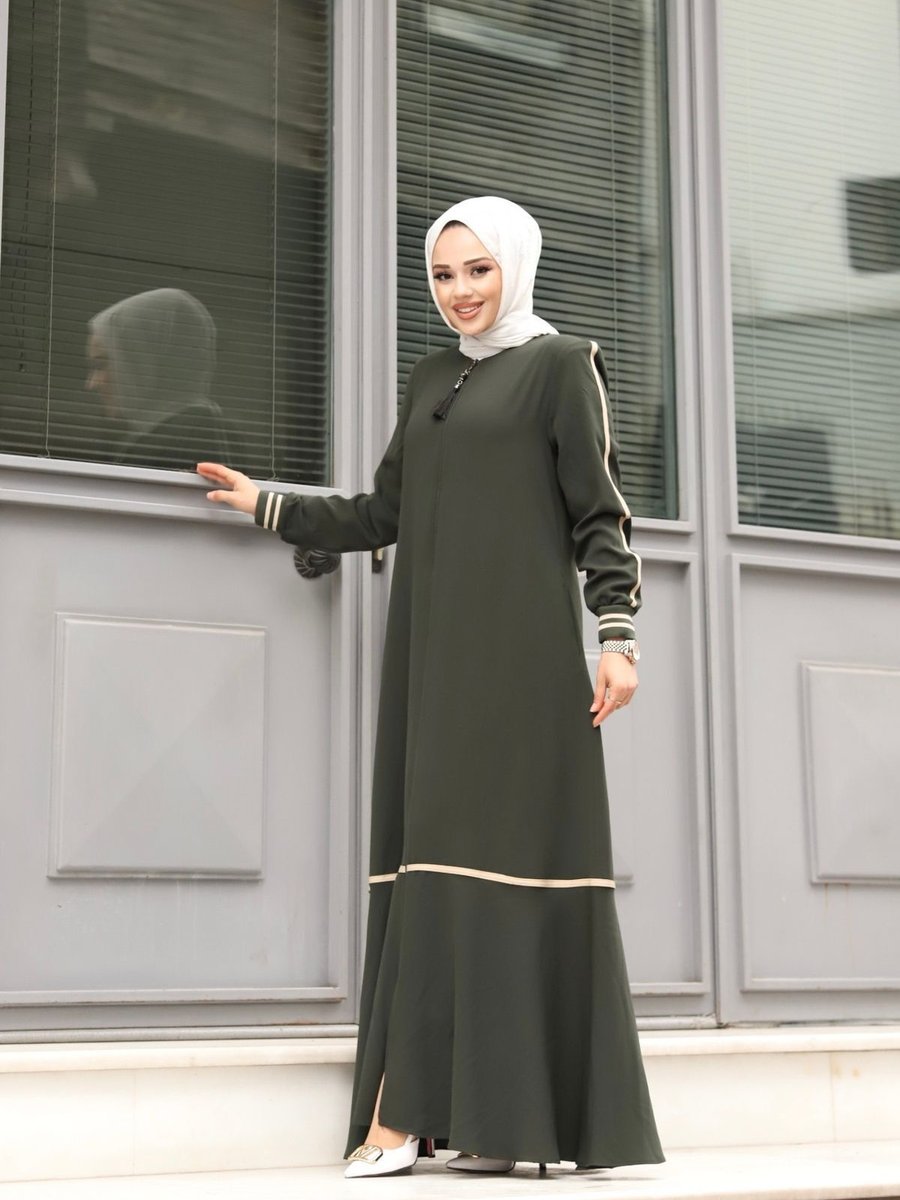 Pink Fly Kalite Rabia Krep Kumaş Krem Rengi Şeritli Kol Ribanalı Giyim Ferace