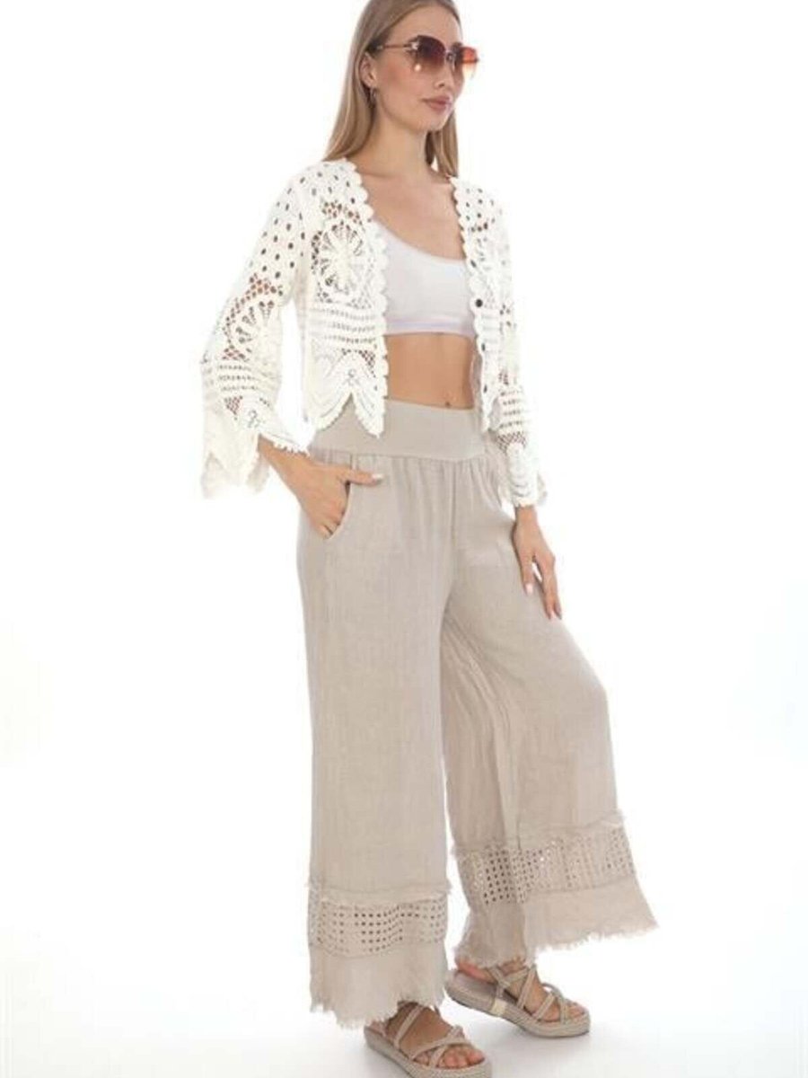 EREN STYLE Bej İtalyan Fisto Detaylı Keten Pantolon