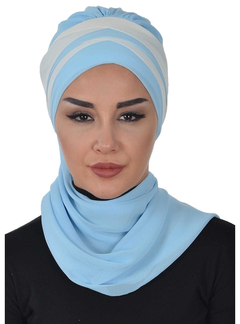 Aisha`s Design Çapraz Dikim Çift Renkli Fularlı Şifon Hazır Türban,bebe Mavisi Krem,ht