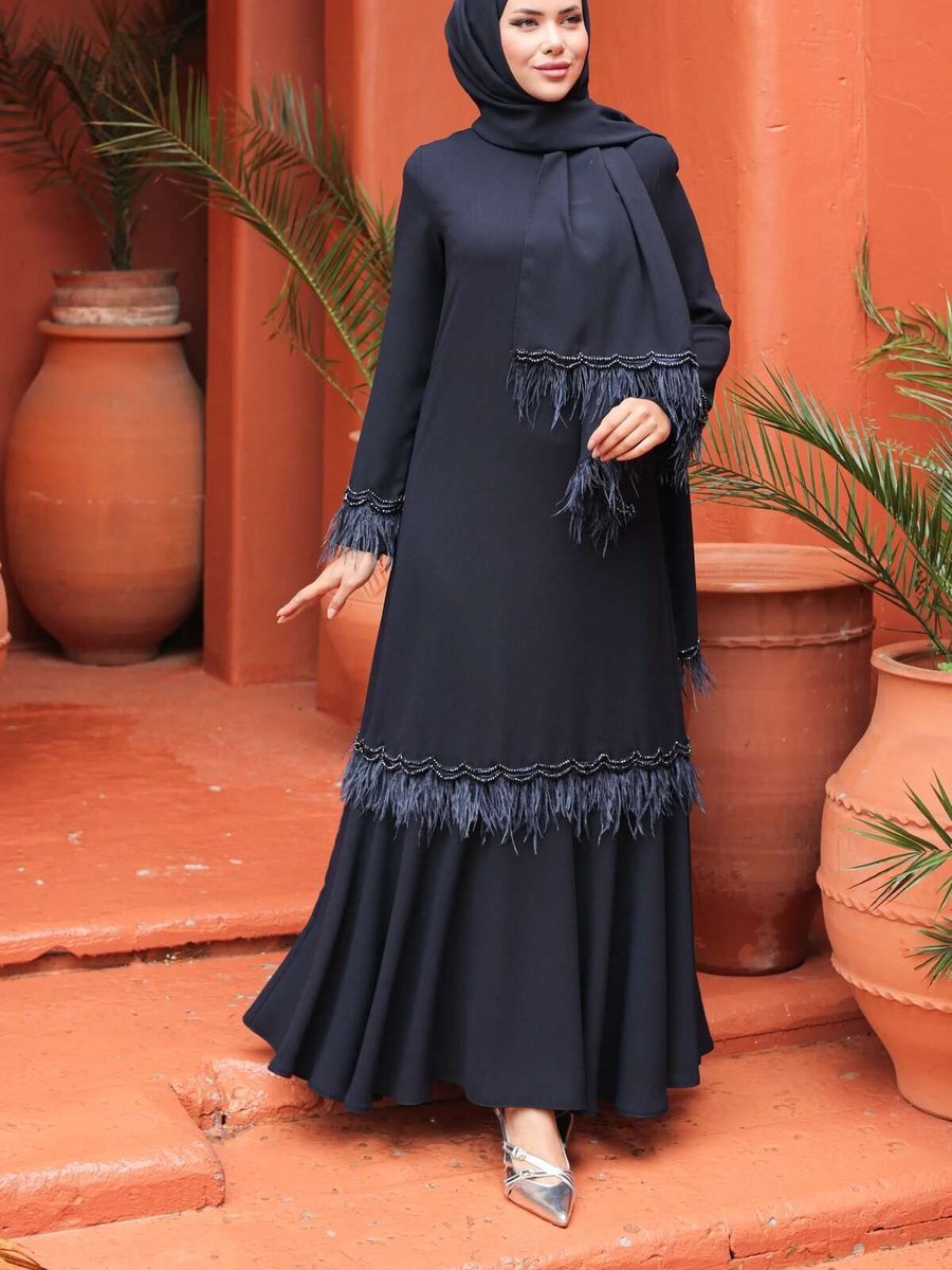 Butik Elif Model Tüy Detaylı Lacivert Elbise