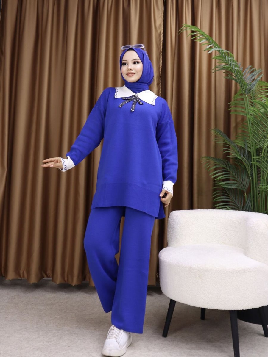 Cofbutik Saks Mavisi Bebe Yaka Pantolonlu İkili Triko Takım