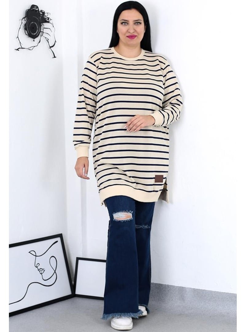 Pelsu Moda Büyük Beden İki İplik Lacivert Çizgili Tunik