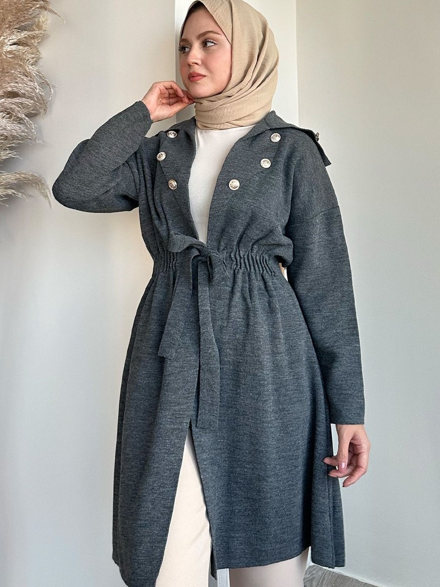 Instyle Düğme Detay Bağcıklı Gri Triko Hırka