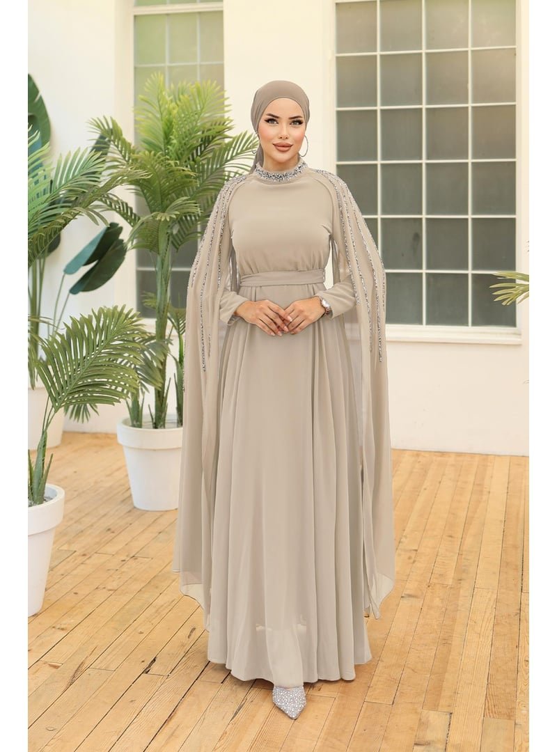 Hakimoda Bej Laren Şifon Abiye Elbise