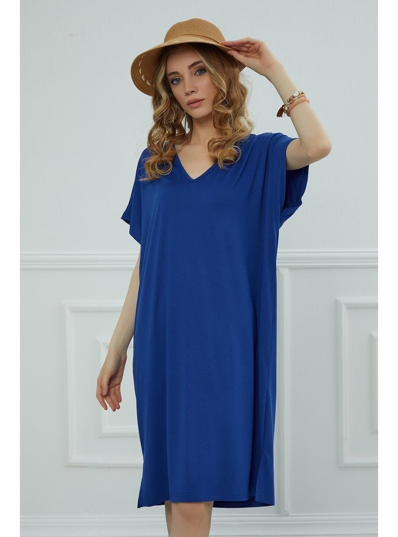 Aisha`s Design Saks Mavisi Yırtmaçlı Penye Kısa Elbise,elb