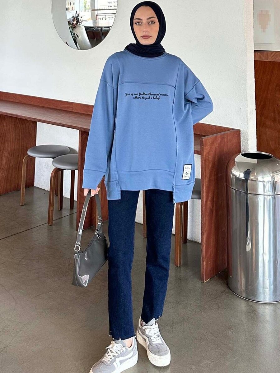 Lamelif Give Up Can Yazılı Sweatshirt Mavi