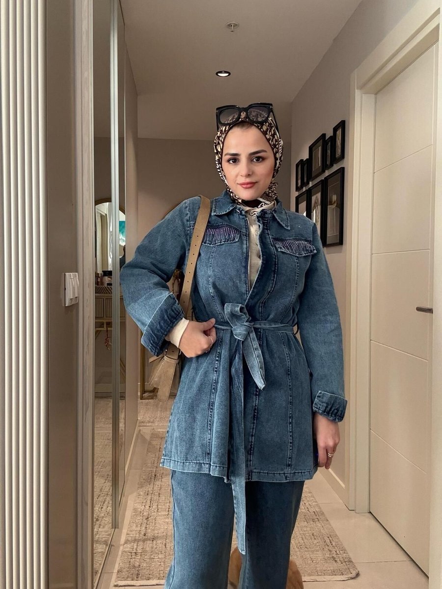Aselim Hijap Moda Kemerli Taş Detaylı Denim Gömlek İkili Takım Koyu Mavi Giyim