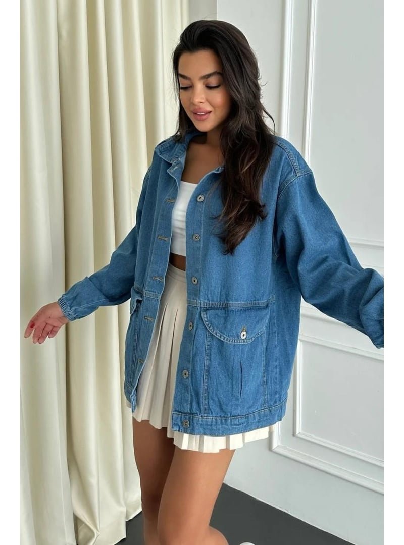 Pelsu Moda Açık Mavi Oversize Körüklü Kot Ceket