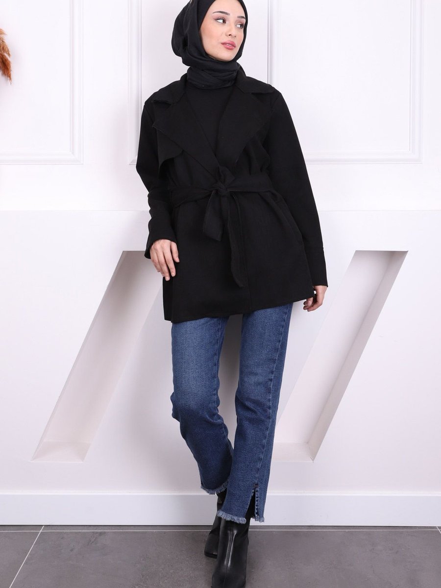 İmajbutik Siyah Bel Kuşaklı Nubuk Ceket İmajbutik Siyah Bel Kuşaklı Nubuk Ceket