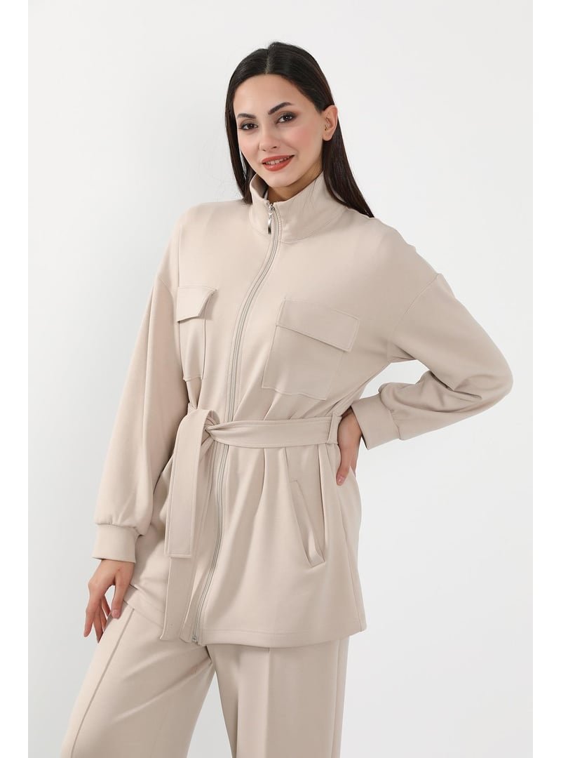 Aisha`s Design Bej Fermuarlı Cepli Swet Ceket,sw