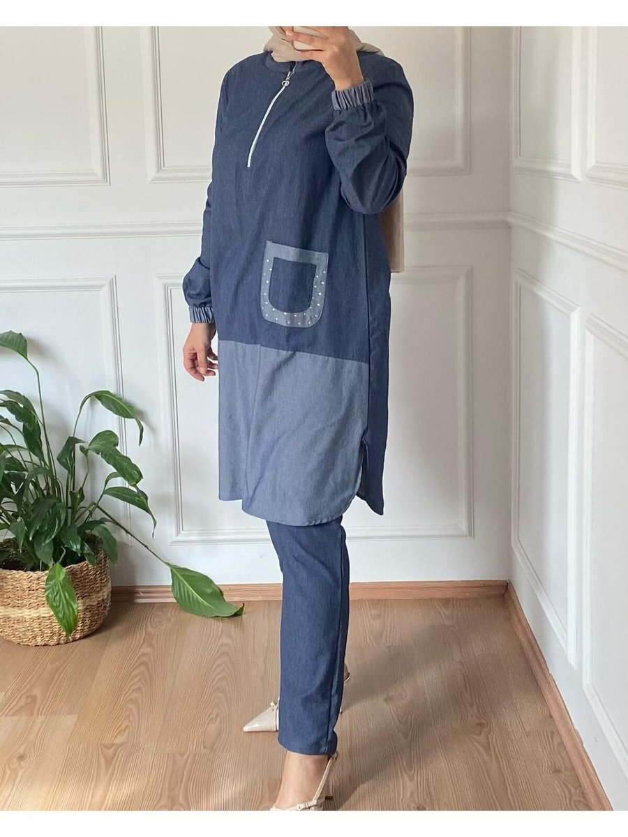 Gulce Giyim Yakası Fermuarlı Cep Detaylı Tesettür Kot Takım