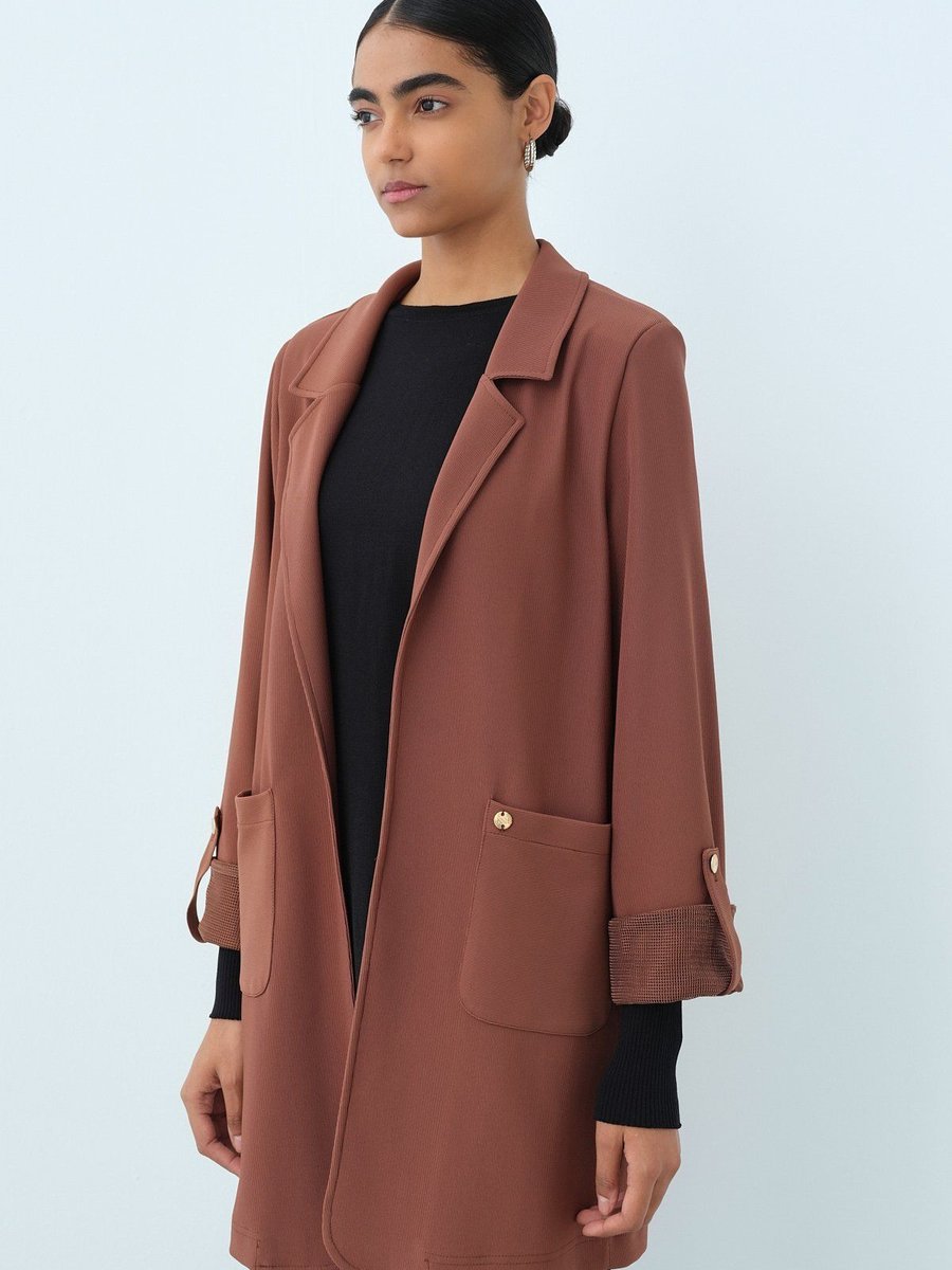 Nihan Kolları Katlanabilir Örme Blazer Ceket Kahve
