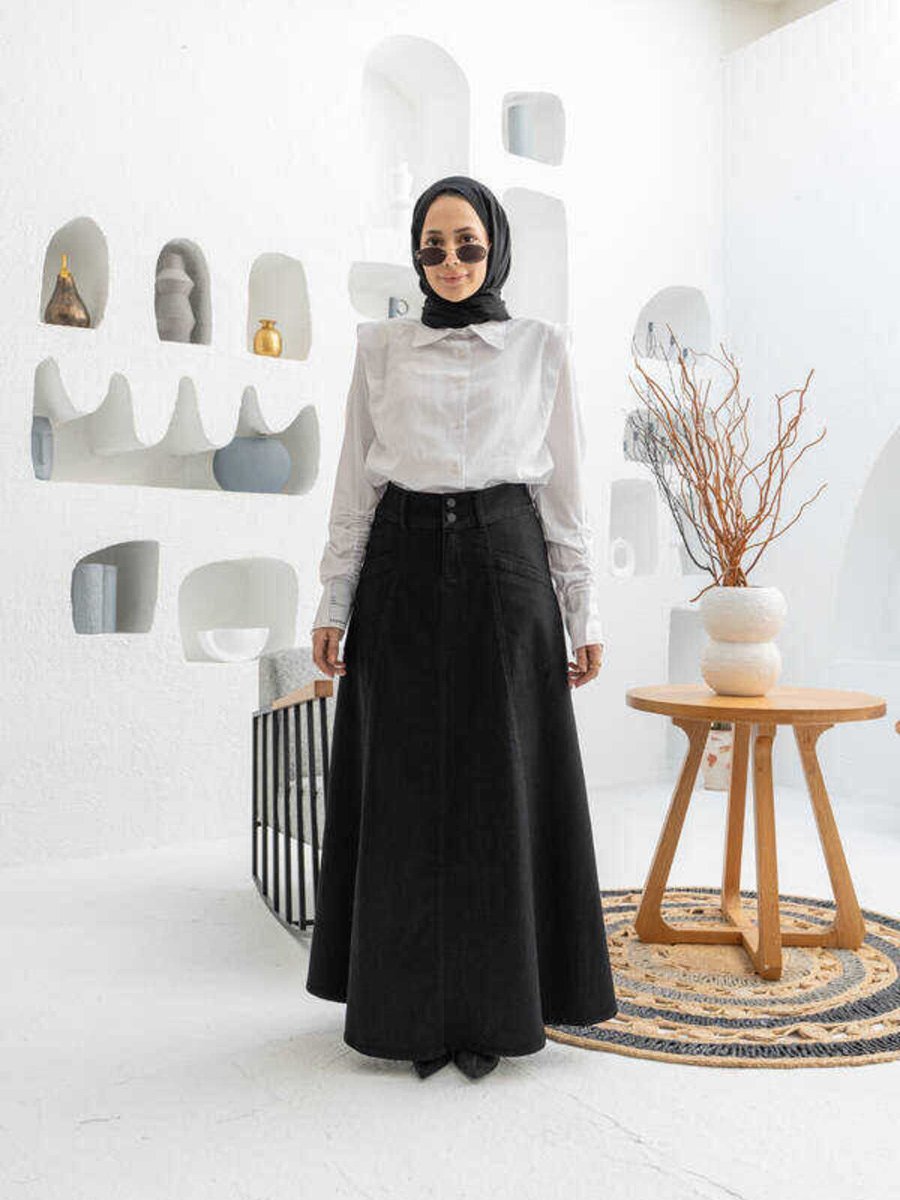 Neways Denim Mevlana Parçalı Etek Siyah