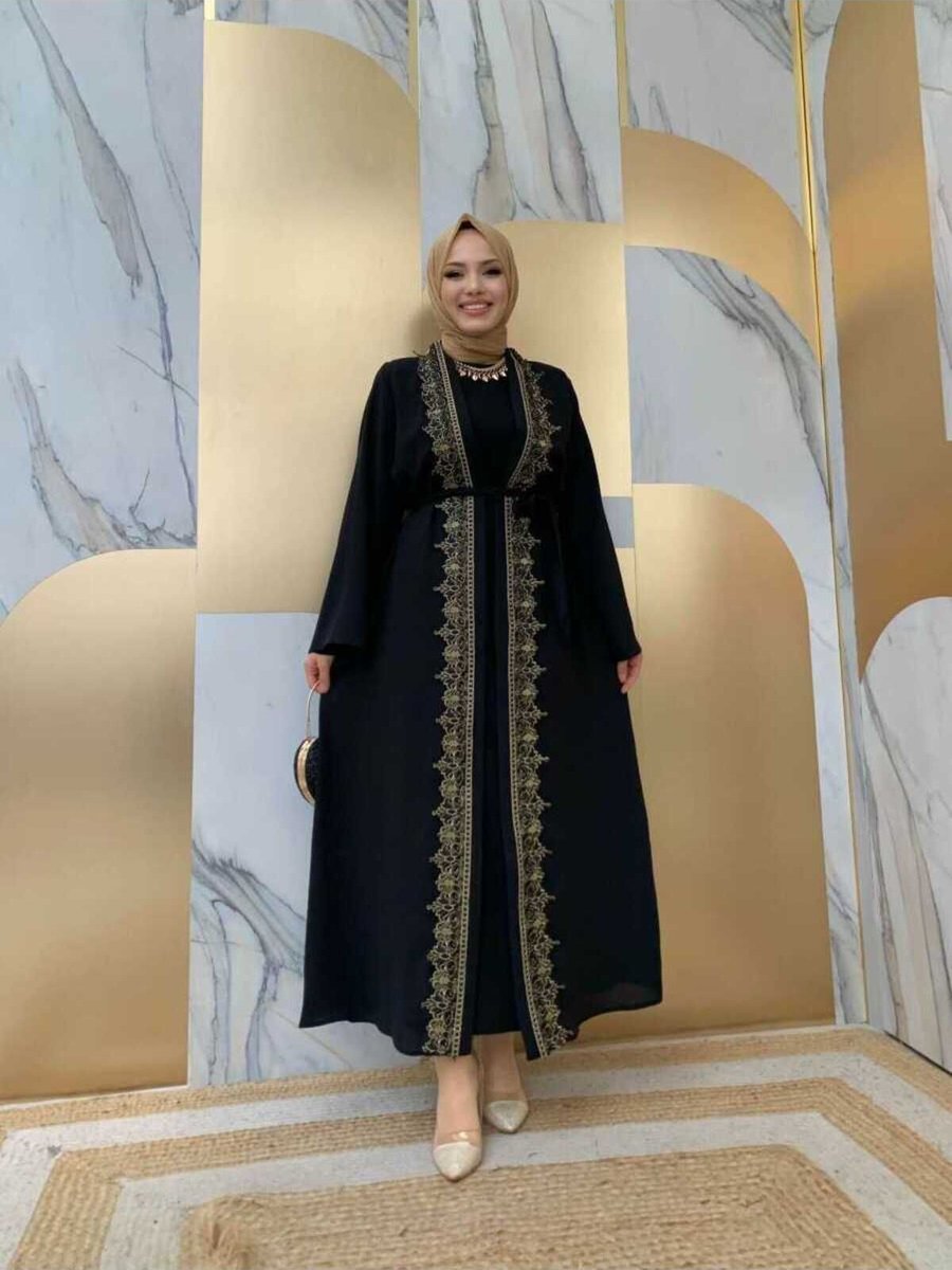 Bym Fashion Önü Boydan Güpür İşlemeli Bel Bağlamalı Düz Ferace Siyah