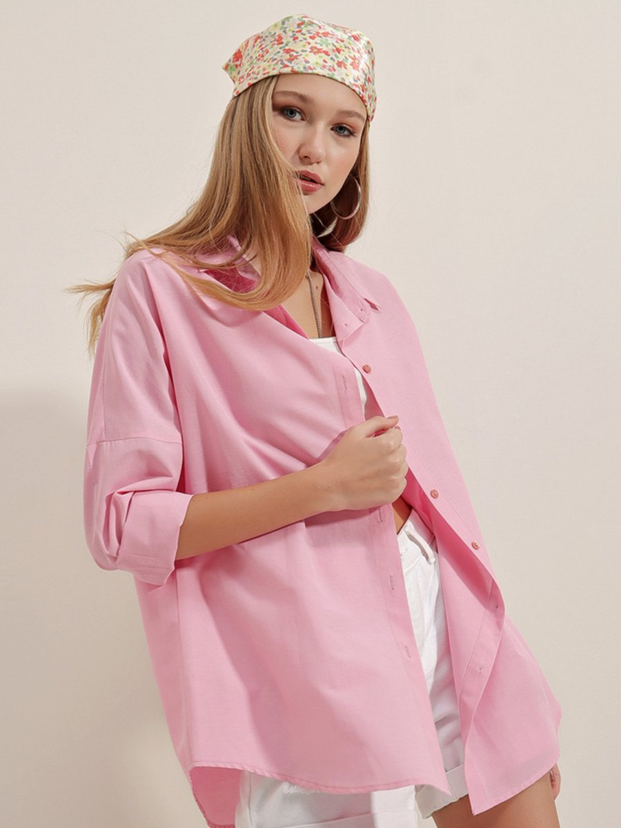 Bigdart Pembe Oversize Uzun Basic Gömlek