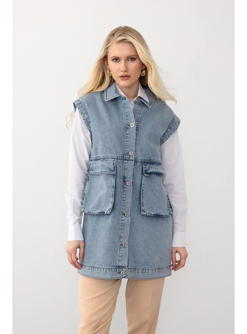 Olcay Mavi Torba Cepli Düğme Kapamalı Oversize Denim Yelek