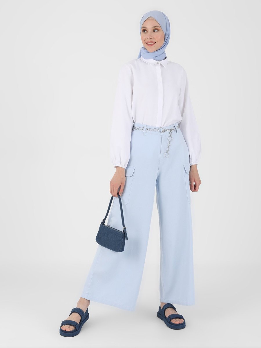 Benin Kargo Cepli Geniş Paça Kot Pantolon Sky Blue