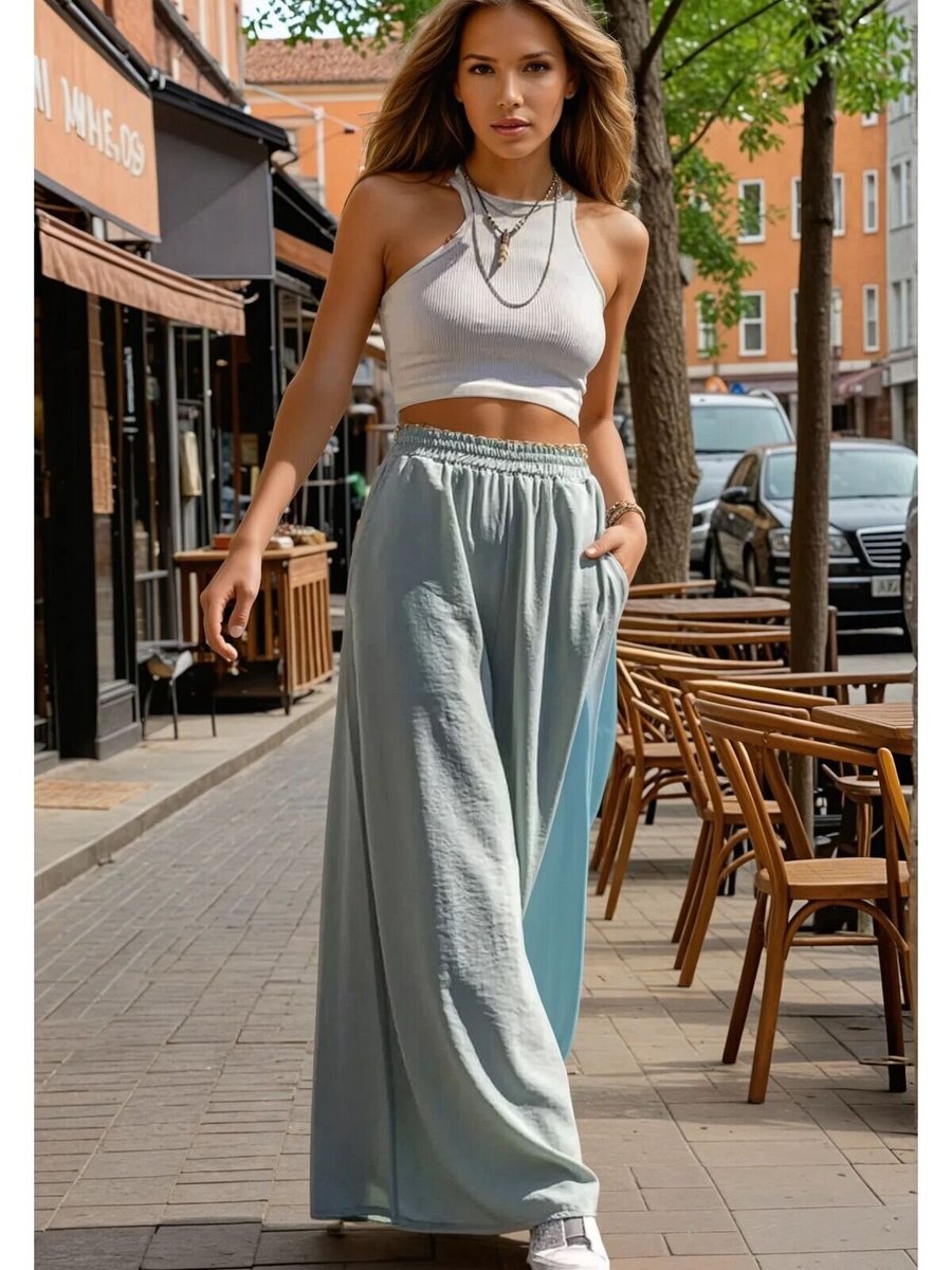 Pasaklı Giyim Mint Su Yeşili Beli Lastikli Iki Cepli Bol Paça Salaş Oversize Yazlık Pantolon