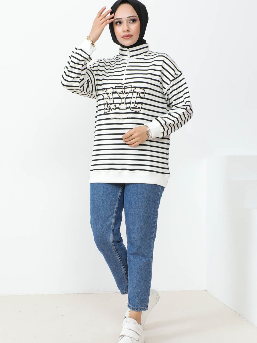 İmajbutik Siyah Yaka Fermuarlı Nyc Nakışlı Çizgili İki İplik Sweatshirt