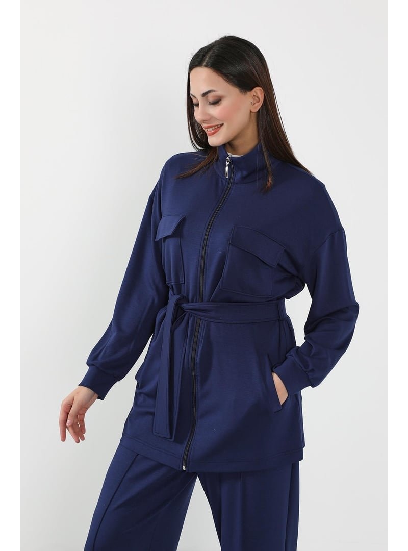 Aisha`s Design Lacivert Fermuarlı Cepli Swet Ceket,sw