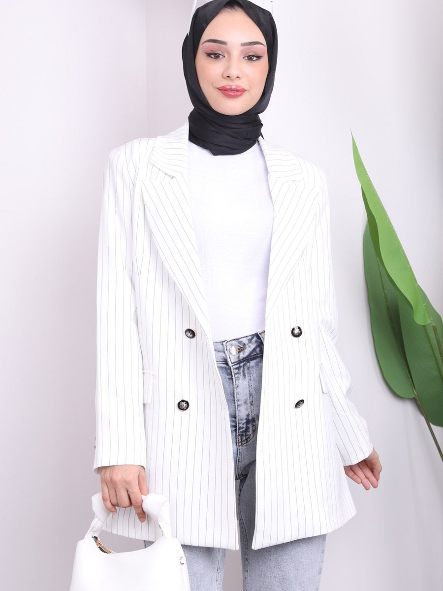 İmajbutik Beyaz Kruvaze Yaka Çizgili Ceket