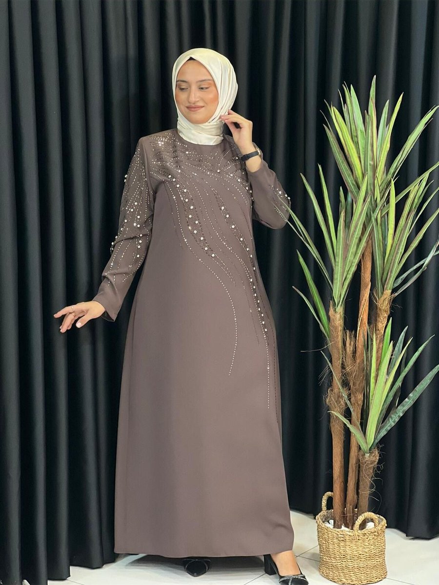 Butik Büyük Beden Kolları Taşlı Krep Elbise