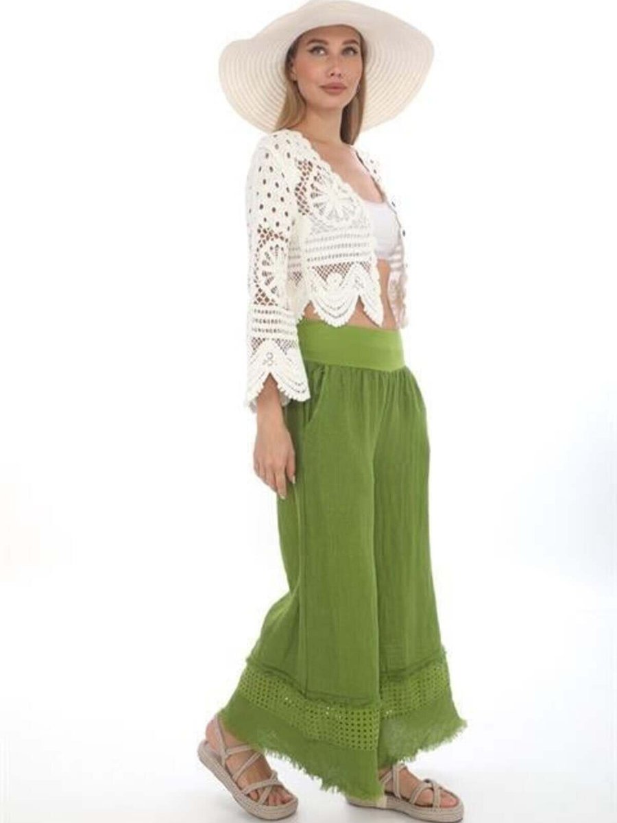 EREN STYLE Fıstık Yeşili İtalyan Fisto Detaylı Keten Pantolon
