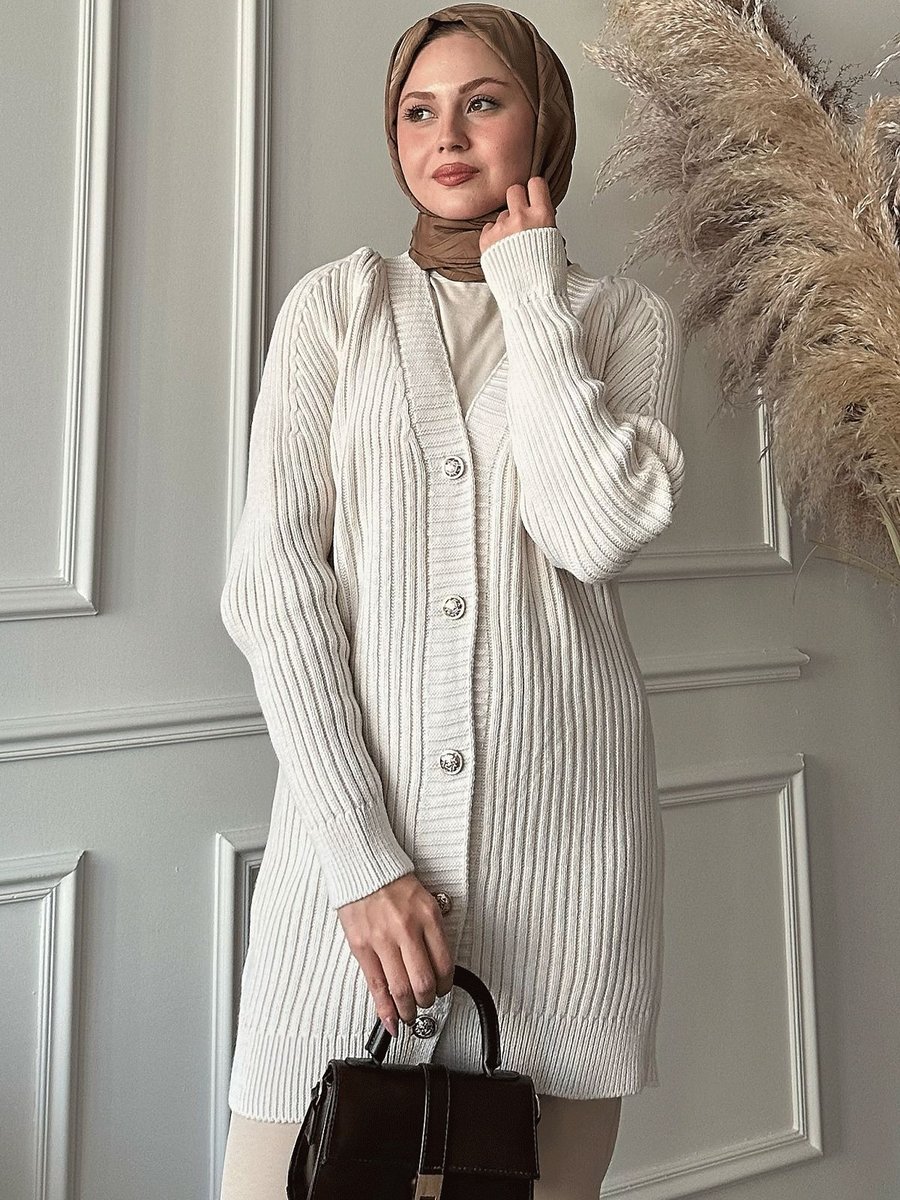 Instyle Fitilli Gold Düğmeli Ekru Triko Hırka
