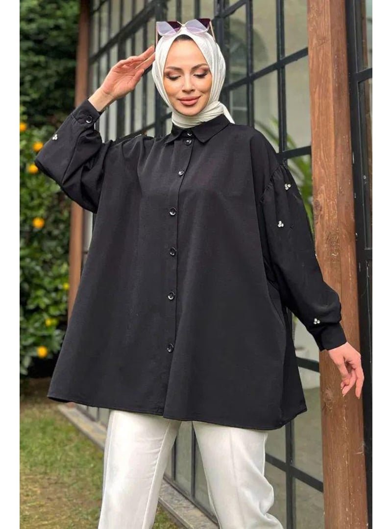 Pelsu Moda Düz Gömlek Yaka Siyah Tunik