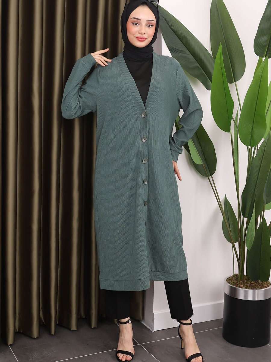 İmajbutik Zümrüt Yeşili Düğmeli Bürümcük Hırka