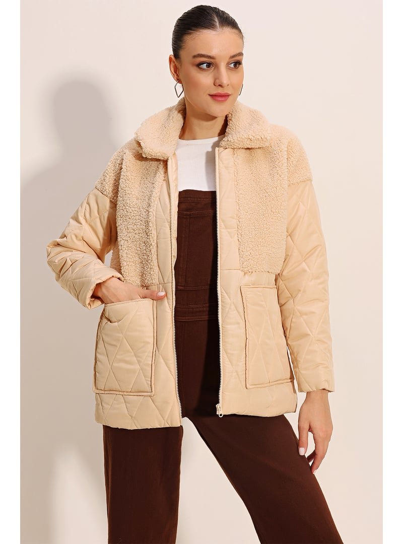 Bigdart Bej Peluş Detaylı Oversize Şişme Mont