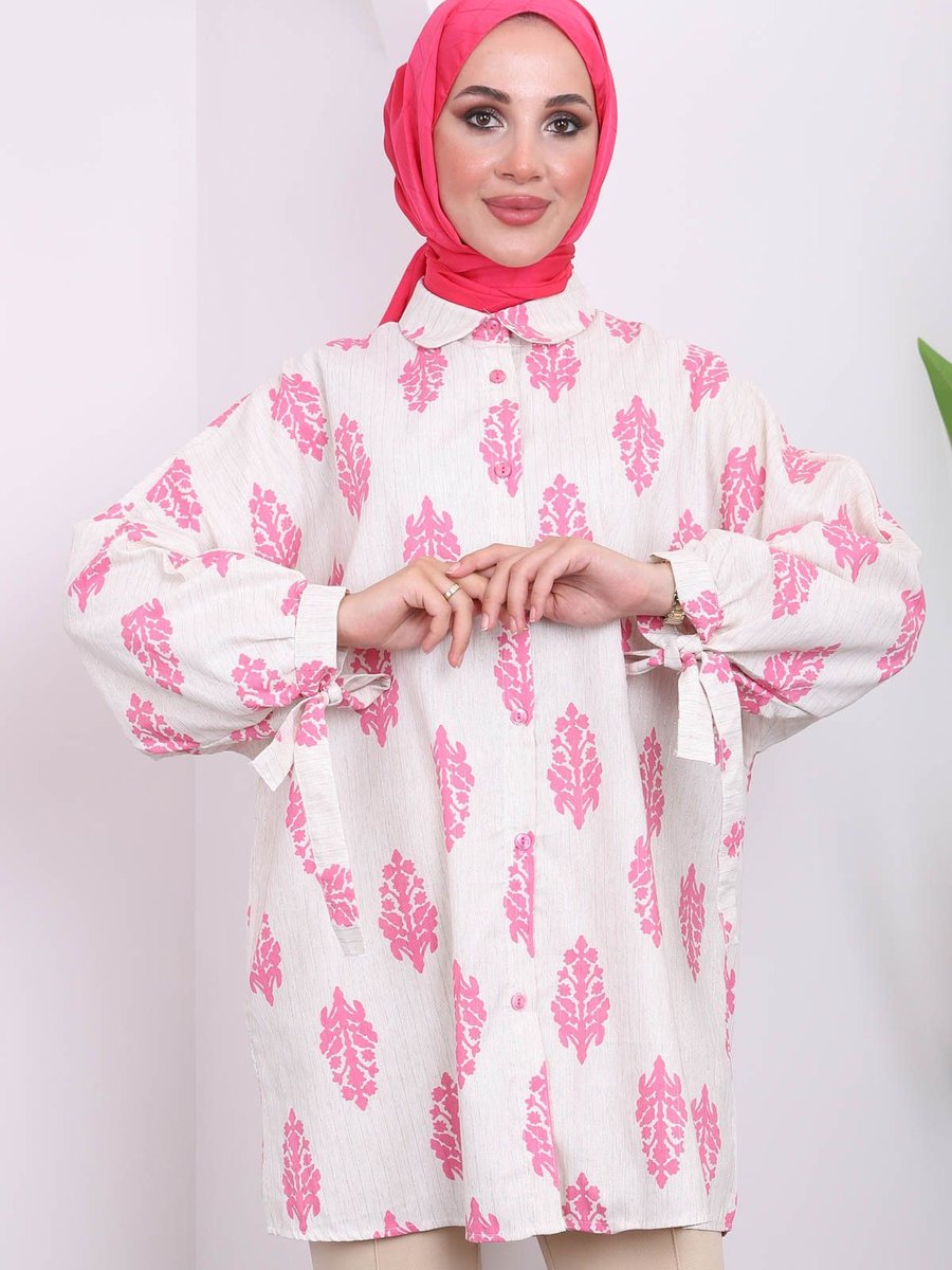 İmajbutik Pembe Kol Bağlamalı Keten Gömlek