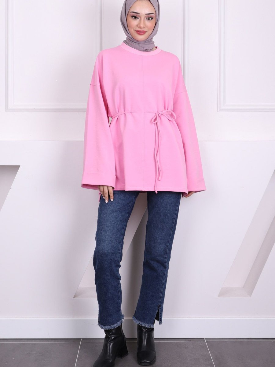 İmajbutik Pembe Dikiş Detaylı Yanları Yırtmaçlı Sweatshirt