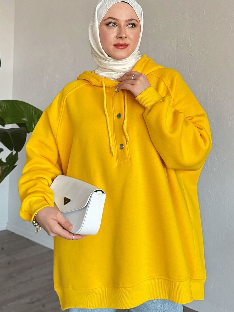 Instyle Çıtçıt Yaka Kapüşonlu Sarı Sweat