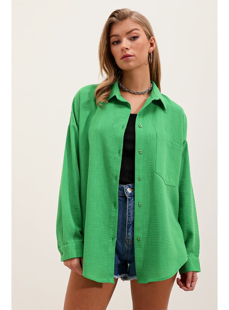 Bigdart Yeşil Tek Cepli Oversize Keten Gömlek