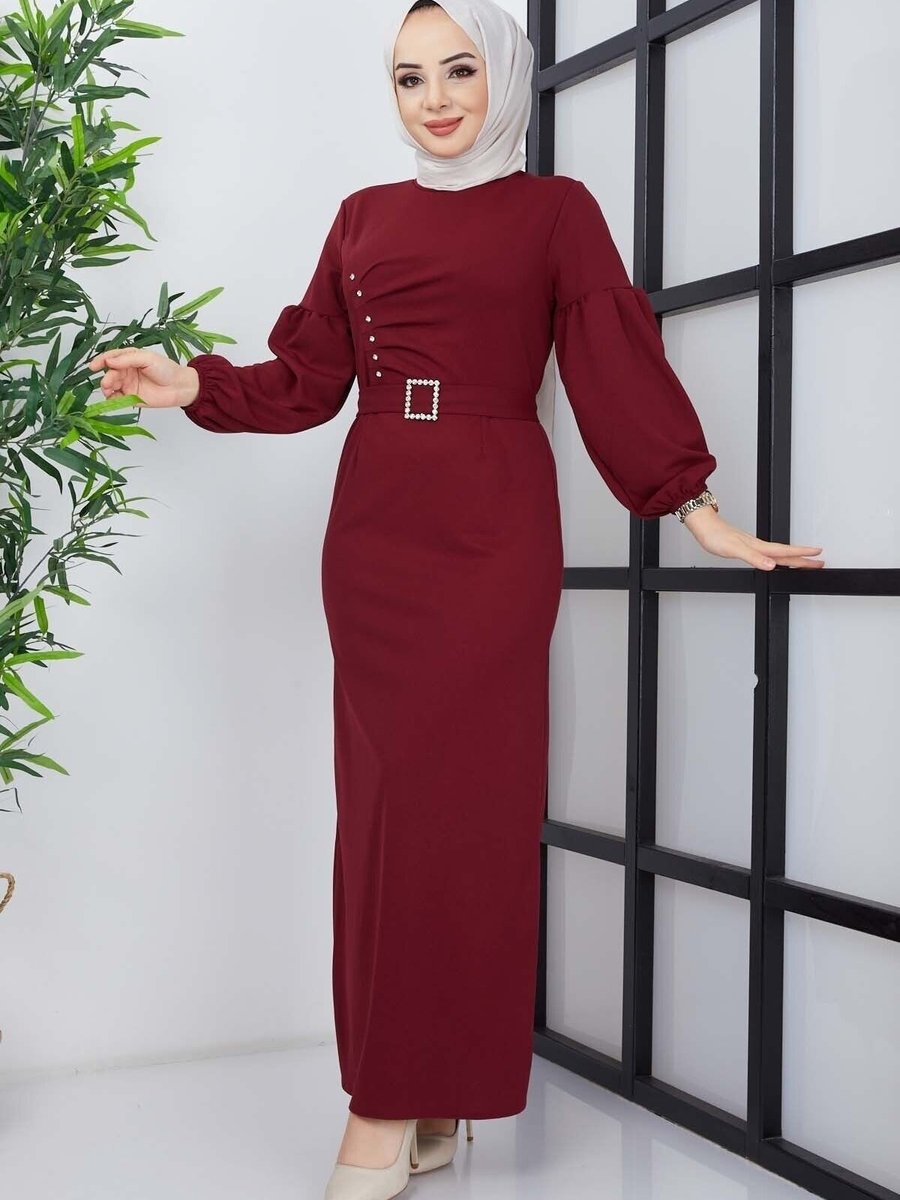 Marwella Bordo İnci Krep Elbise
